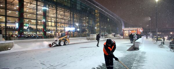 Сотрудник коммунальных служб убирает снег возле здания аэропорта Домодедово в Москве - Sputnik Беларусь