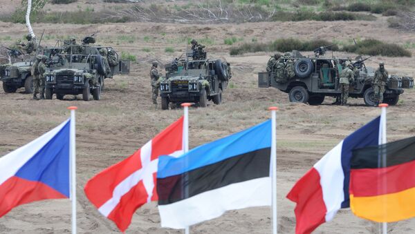 In this June 18, 2015,file photo flags wave in front of soldiers who take positions with their army vehicles during the NATO Noble Jump exercise on a training range near Swietoszow Zagan, Poland - Sputnik Беларусь