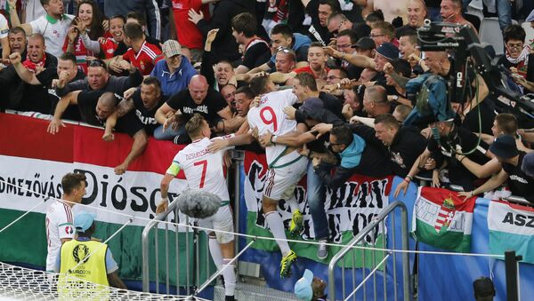 Венгерские футболисты празднуют гол в ворота сборной Австрии со своими болельщикамим - Sputnik Беларусь