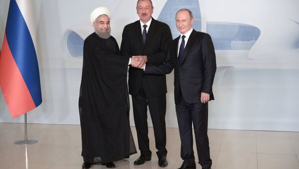Президент России Владимир Путин, президент Азербайджанской Республики Ильхам Алиев и президент Исламской Республики Иран Хасан Рухани - Sputnik Беларусь