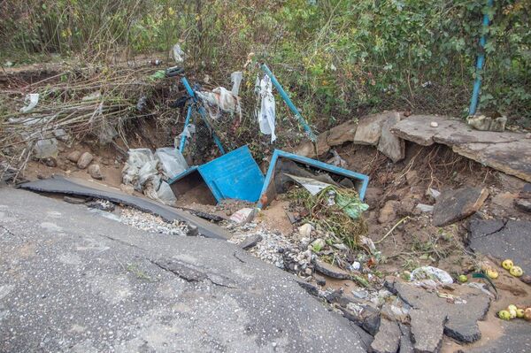 Грунт под мусорной площадкой размыло, баки провалились в образовавшуюся яму - Sputnik Беларусь