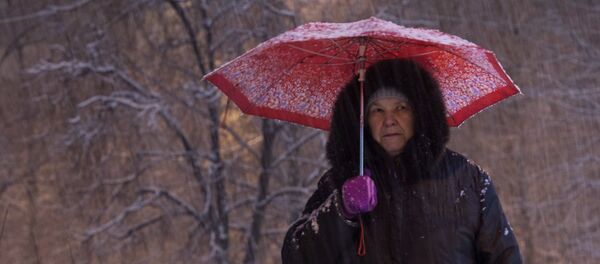 Женщина с зонтом идет по улице во время снегопада - Sputnik Беларусь