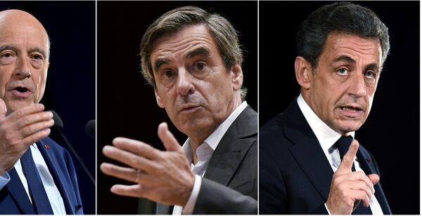 Слева направо: бывшие премьеры Ален Жюппе и Франсуа Фийон, экс-президент Николя Саркози - Sputnik Беларусь