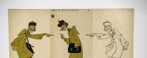 Рисунки к мультфильму Трое из Простоквашино на открытии выставки Нереальные герои. Художники и персонажи Союзмультфильма - Sputnik Беларусь