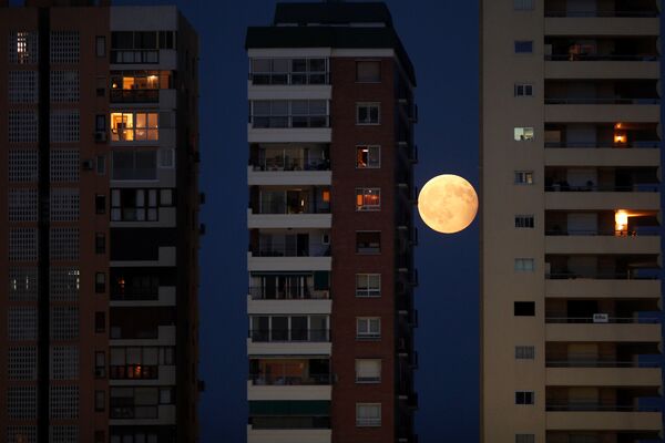 Вид на частичное лунное затмение сквозь жилые дома в Малаге, Испания - Sputnik Беларусь