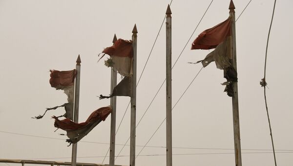 Порванные флаги Сирийской Арабской Республики во время пылевой бури в сирийском городе Дейр-эз-Зор - Sputnik Беларусь