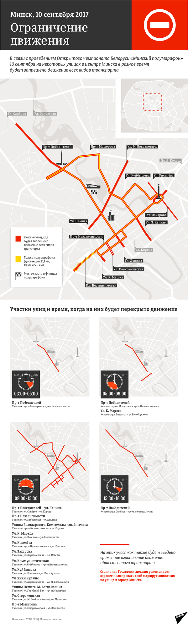 Схема ограничения движения транспорта в Минске 10 сентября 2017 года - инфографика на sputnik.by - Sputnik Беларусь