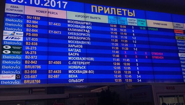 Сообщение об отмене рейсов на табло в национальном аэропорту Минск - Sputnik Беларусь