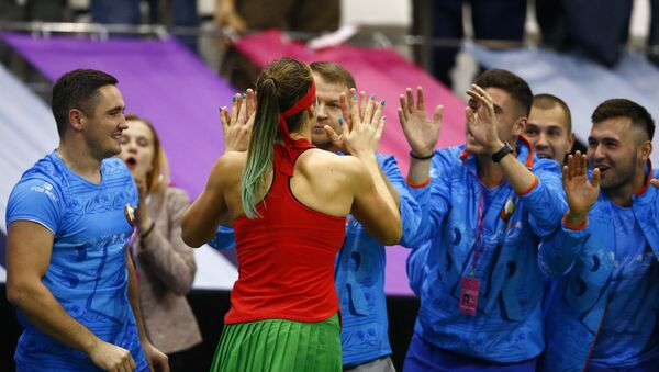 Белорусская теннисистка Арина Соболенко после победы над Слоун Стивенс из США - Sputnik Беларусь