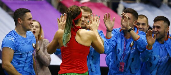 Белорусская теннисистка Арина Соболенко после победы над Слоун Стивенс из США - Sputnik Беларусь