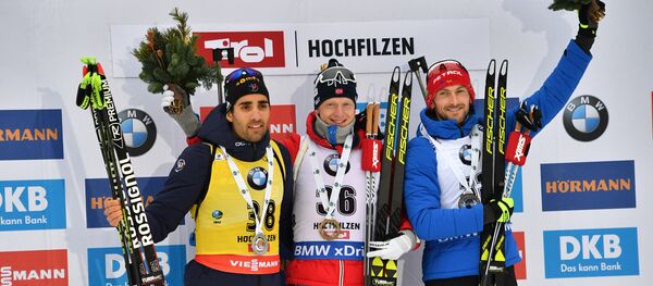Тройка призеров спринта в Хохфильцене Тройка призеров спринта в Хохфильцене - Sputnik Беларусь