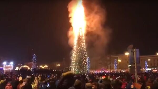 Новогодняя елка сгорела в Южно-Сахалинске, видео - Sputnik Беларусь