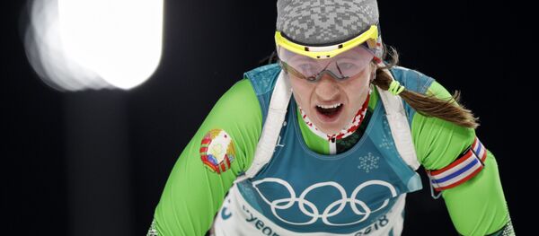 Белорусская биатлонистка Дарья Домрачева во время спринта в Пхенчхане - Sputnik Беларусь