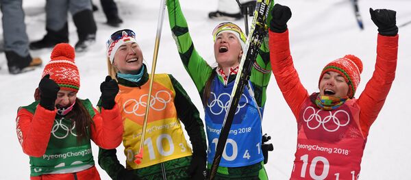 Надежда Скардино, Ирина Кривко, Динара Алимбекова и Дарья Домрачева (Беларусь) - Sputnik Беларусь