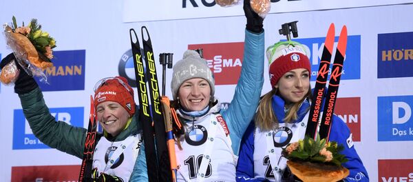 Дарья Домрачева на пьедестале в Контиолахти Дарья Домрачева на пьедестале в Контиолахти - Sputnik Беларусь