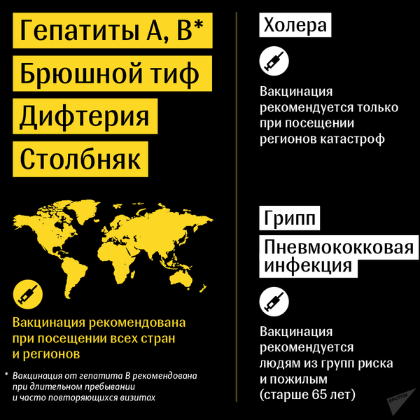 Прививки для путешественников: гепатиты А и В, брюшной тиф, дифтерия, столбняк, холера, грипп и пневмококковая инфекция - Sputnik Беларусь