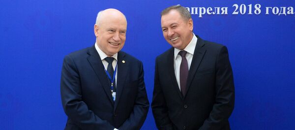 Глава МИД Беларуси Владимир Макей и председатель исполнительного комитета СНГ Сергей Лебедев перед заседанием СМИД СНГ - Sputnik Беларусь