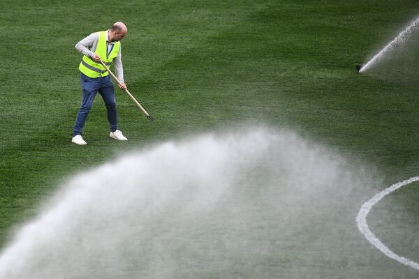 Уборка газона на поле на стадионе Волгоград Арена - Sputnik Беларусь