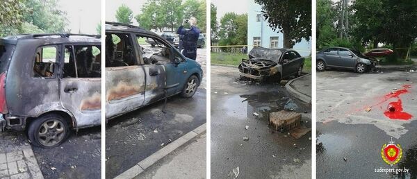 Столичные эксперты проводят осмотр места происшествия по факту поджога трех автомобилей в Минске - Sputnik Беларусь