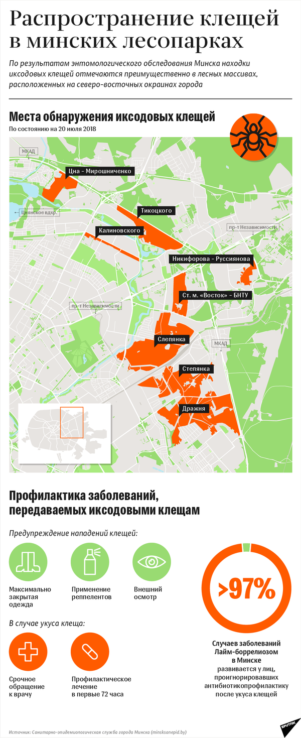 Карта распространения клещей в минских лесопарках – инфографика на sputnik.by - Sputnik Беларусь