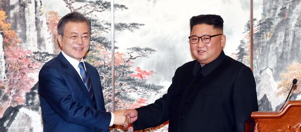 Ким Чен Ын и Мун Чжэ Ин во время подписания заявления на саммите в Пхеньяне Ким Чен Ын и Мун Чжэ Ин во время подписания заявления на саммите в Пхеньяне - Sputnik Беларусь