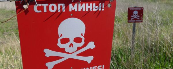 Табличка с надписью Стоп мины! в районе поселка Александровка в Донецкой области - Sputnik Беларусь