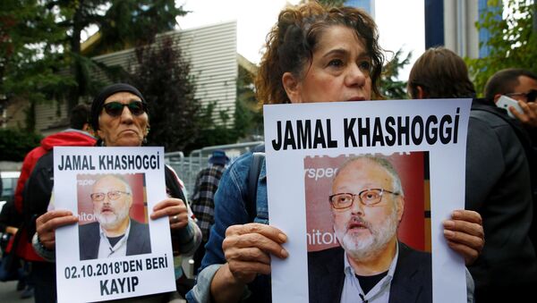 Правозащитники c фото Джамала Хашукджи во время акции протеста возле консульства Саудовской Аравии в Стамбуле - Sputnik Беларусь