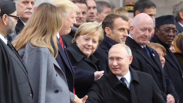 Президент США Дональд Трамп, канцлер Германии Ангела Меркель и президент России Владимир Путин - Sputnik Беларусь