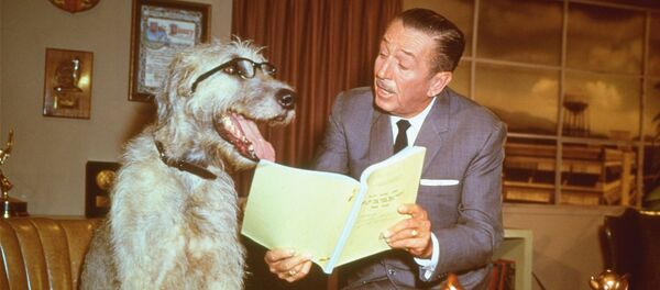 Аниматор и продюсер Уолтер Дисней в кабинете, притворяющийся, что читает сценарий с собакой - Sputnik Беларусь