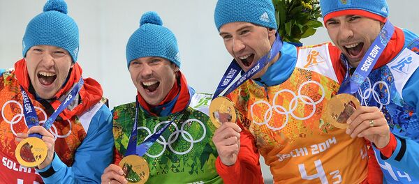 Российские биатлонисты Алексей Волков, Евгений Устюгов, Дмитрий Малышко, Антон Шипулин - Sputnik Беларусь