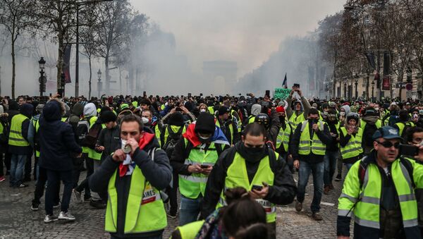 Протестующие, одетые в желтые жилеты на Елисейских Полях в Париже  - Sputnik Беларусь