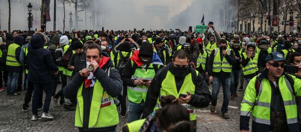 Протестующие, одетые в желтые жилеты на Елисейских Полях в Париже Протестующие, одетые в желтые жилеты на Елисейских Полях в Париже - Sputnik Беларусь