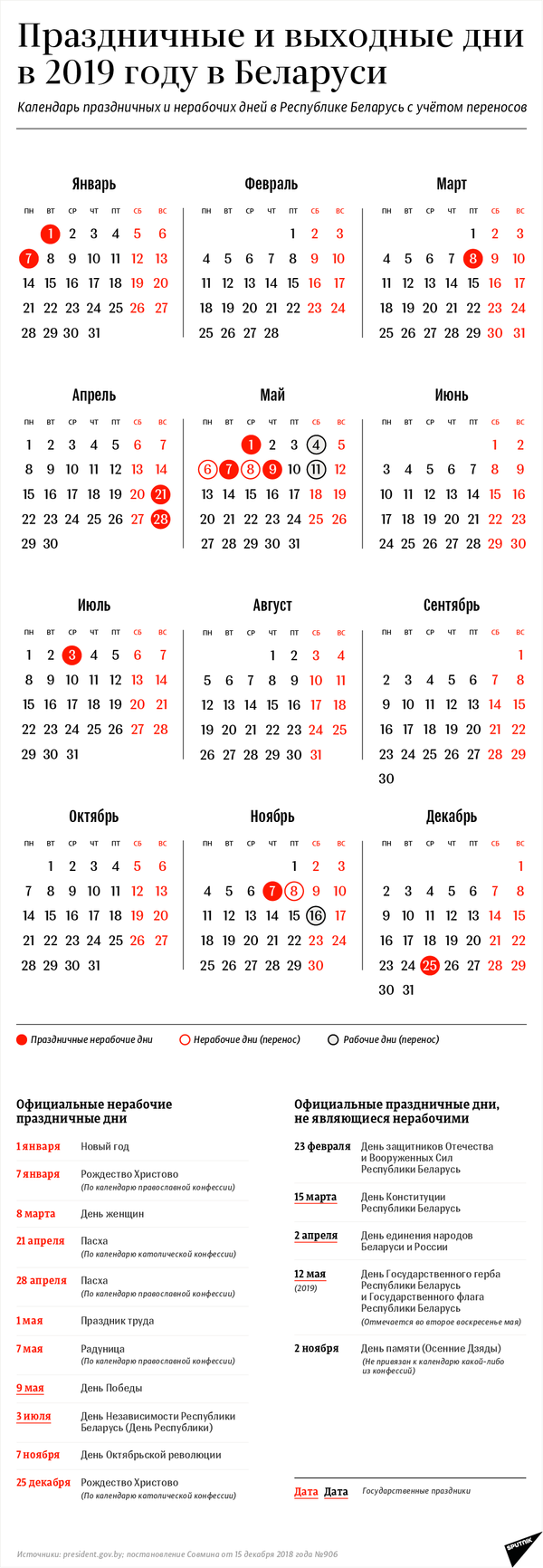 Календарь выходных и праздничных дней 2019 в Беларуси с учетом переносов - Sputnik Беларусь