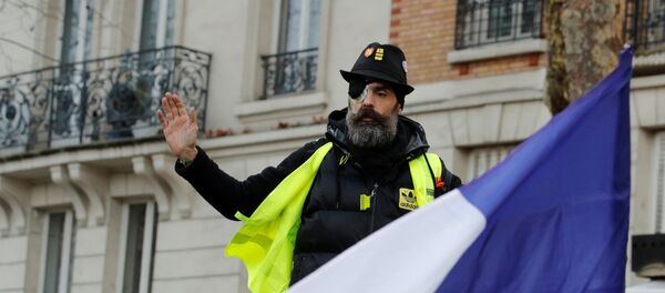 Раненый участник движения желтые жилеты говорит с толпой на демонстрации в Париже - Sputnik Беларусь