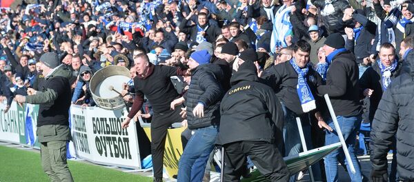 Фанаты брестского Динамо так обрадовались голу, что выбежали на поле, сломав ограждение - Sputnik Беларусь