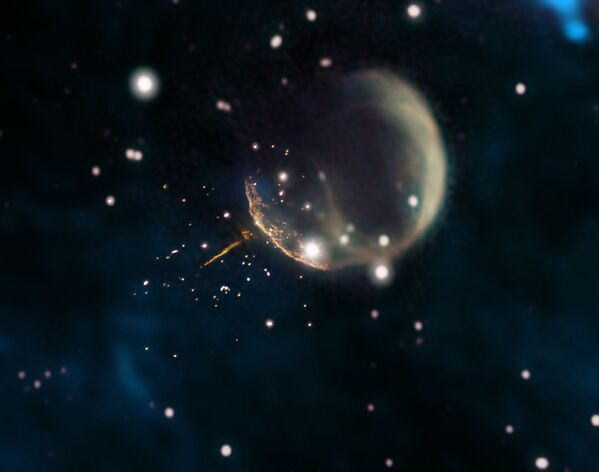Остаток сверхновой CTB 1, напоминающий пузырь, и прямой, светящийся след от пульсара J0002+6216 - Sputnik Беларусь