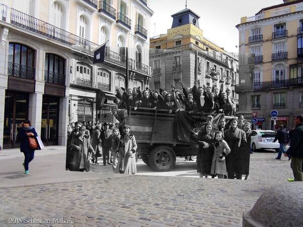 Фотография Camión falangista. Puerta del Sol из проекта испанского фотографа Себастьяна Махарга Pasado en paralelo: Madrid 1936-1939 - Sputnik Беларусь