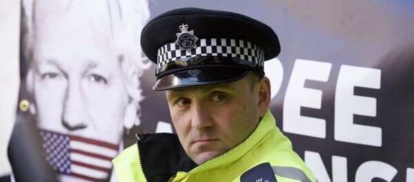 Полицейский рядом с баннером с изображением основателя WikiLeaks Джулиана Ассанжа у Вестминстерского суда в Лондоне, где рассматривается дело Ассанжа. - Sputnik Беларусь