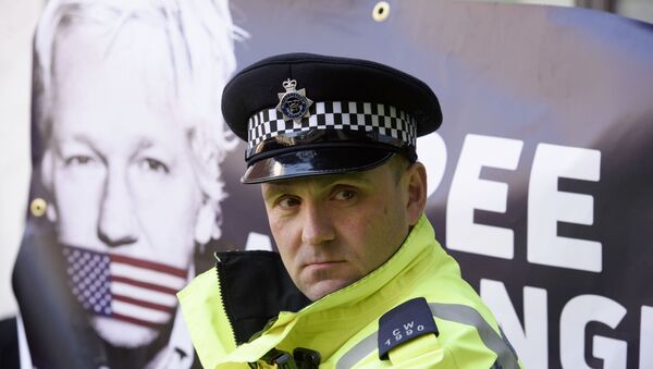 Полицейский рядом с баннером с изображением основателя WikiLeaks Джулиана Ассанжа у Вестминстерского суда в Лондоне, где рассматривается дело Ассанжа. - Sputnik Беларусь
