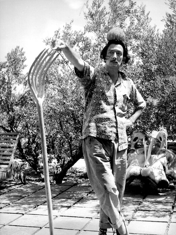 Сальвадор Дали в саду своего дома в Порт-Льигате, Испания, 16 августа 1954 года. На голове у художника высушенный морской еж (их Дали любил есть), его правый указательный палец опирается на вилку из оливкового дерева. На заднем плане – череп слона, который он использует в качестве кресла-качалки. - Sputnik Беларусь