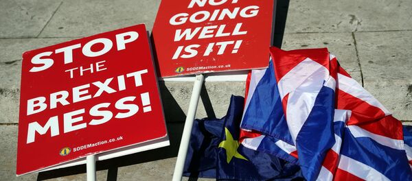 Таблички с лозунгами против Brexit у здания парламента в Лондоне - Sputnik Беларусь