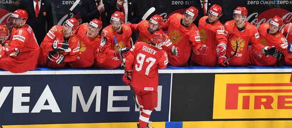 Игроки сборной России в матче 1/4 финала чемпионата мира по хоккею Игроки сборной России в матче 1/4 финала чемпионата мира по хоккею - Sputnik Беларусь