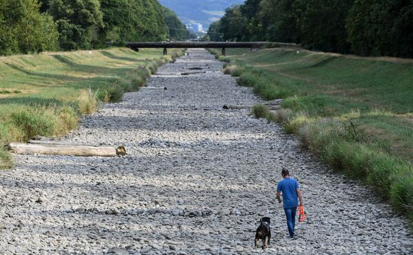 Человек гуляет со своей собакой по пересохшему руслу реки Драйзам - Sputnik Беларусь