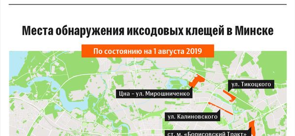 Схема распространения клещей в Минске: август–2019 | Инфографика sputnik.by Схема распространения клещей в Минске: август–2019 | Инфографика sputnik.by - Sputnik Беларусь