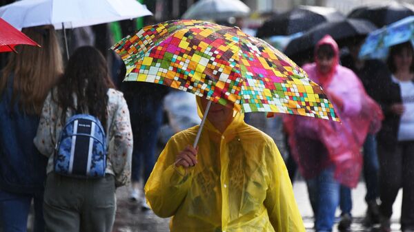 Женщина идет в дождевике и под зонтом во время дождя - Sputnik Беларусь