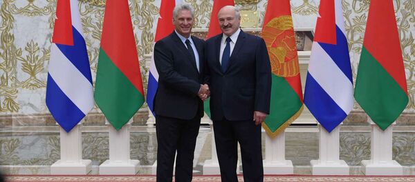 Президент Беларуси Александр Лукашенко с президентом Кубы Мигелем Диас-Канелем Президент Беларуси Александр Лукашенко с президентом Кубы Мигелем Диас-Канелем - Sputnik Беларусь