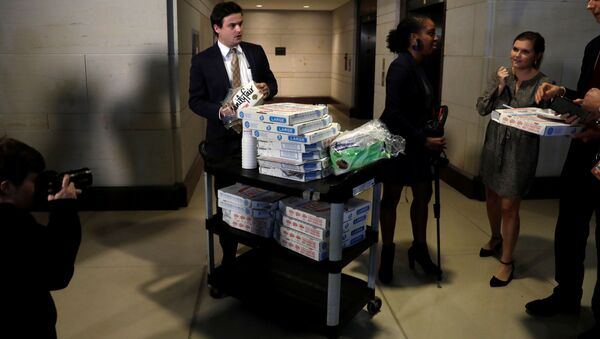 Доставка пиццы для представителей СМИ, пока заместитель помощника министра обороны США Лора Купер дает показания - Sputnik Беларусь