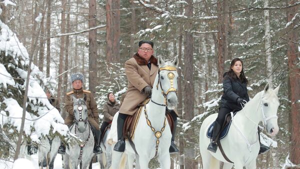 Ким Чен Ын и его супруга прогулялись на белом коне по местам боевой славы - Sputnik Беларусь