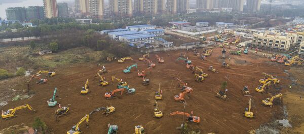 Экскаваторы на строительной площадке новой больницы, которая строится для лечения пациентов от вспышки смертельного вируса в Ухани в центральной провинции Хубэй в Китае - Sputnik Беларусь