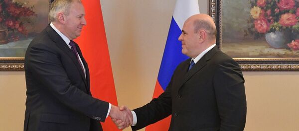 Премьер-министр Беларуси Сергей Румас и председатель правительства России Михаил Мишустин Премьер-министр Беларуси Сергей Румас и председатель правительства России Михаил Мишустин - Sputnik Беларусь